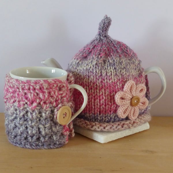 Knitted Tea Cosy and Crocheted Mug Cosy Set