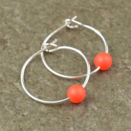 Fluorescent Neon Red Swarovski Crystal Pearl 15mm Sterling Silver Hoop Earrings