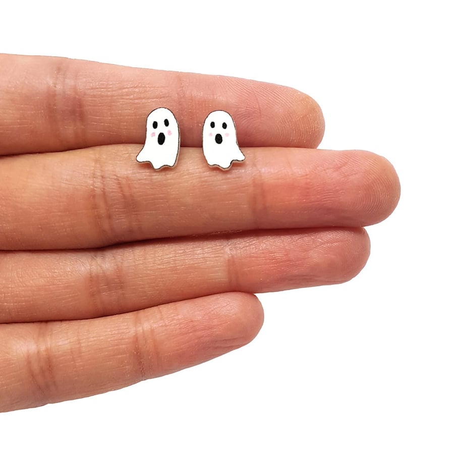 Cute Ghost Heart Stud Earrings - Handmade