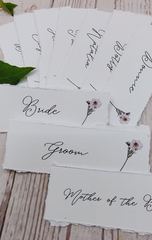 Printed Pressed Flower Place Cards: Personalised Ditsy Floral with Torn Edges
