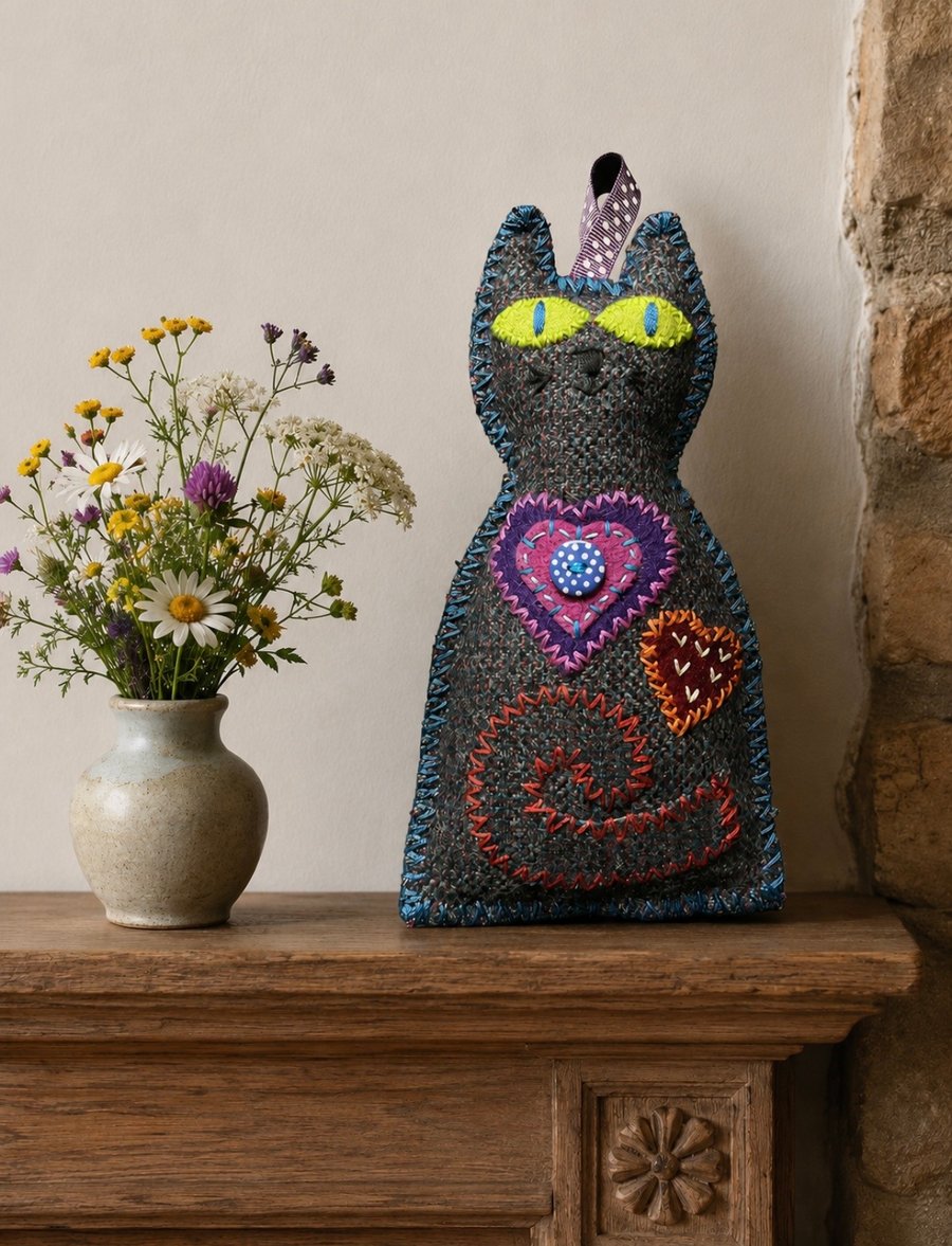 Hand Embroidered Lavender filled Cat house decoration KF55