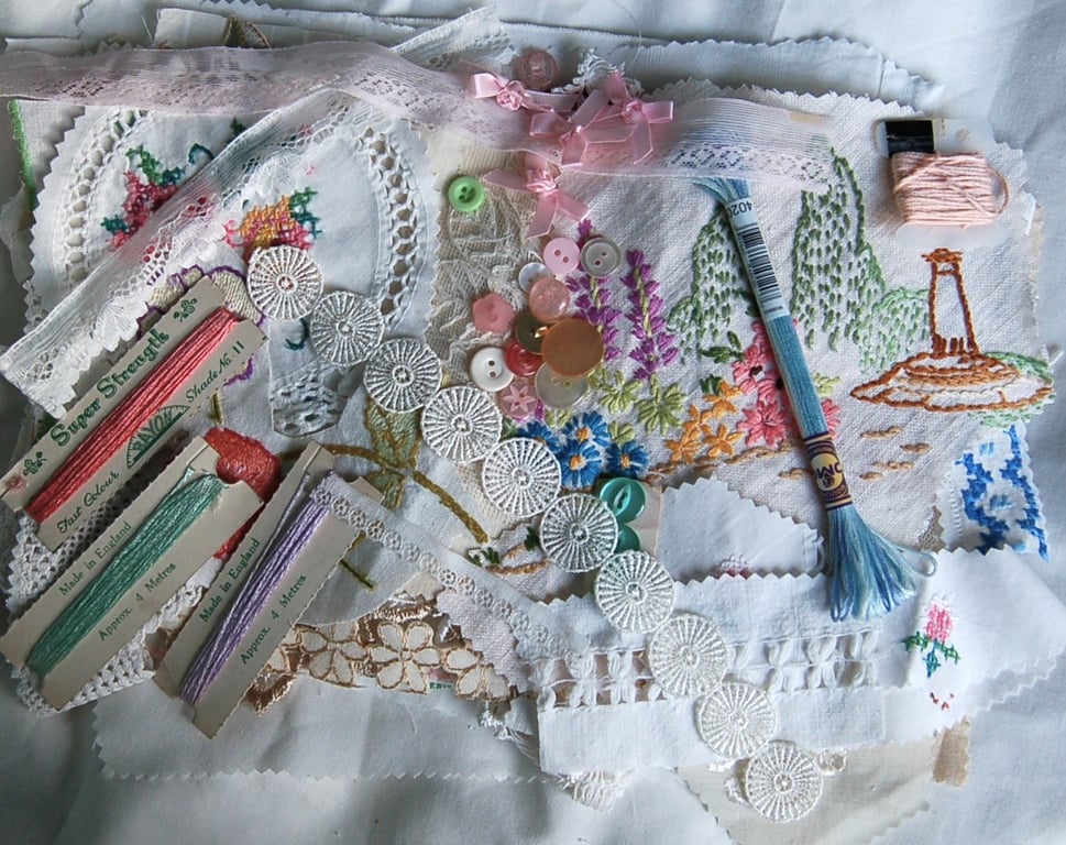 Vintage embroidery Upcycled slow stitching kit with threads, lace, ribbon
