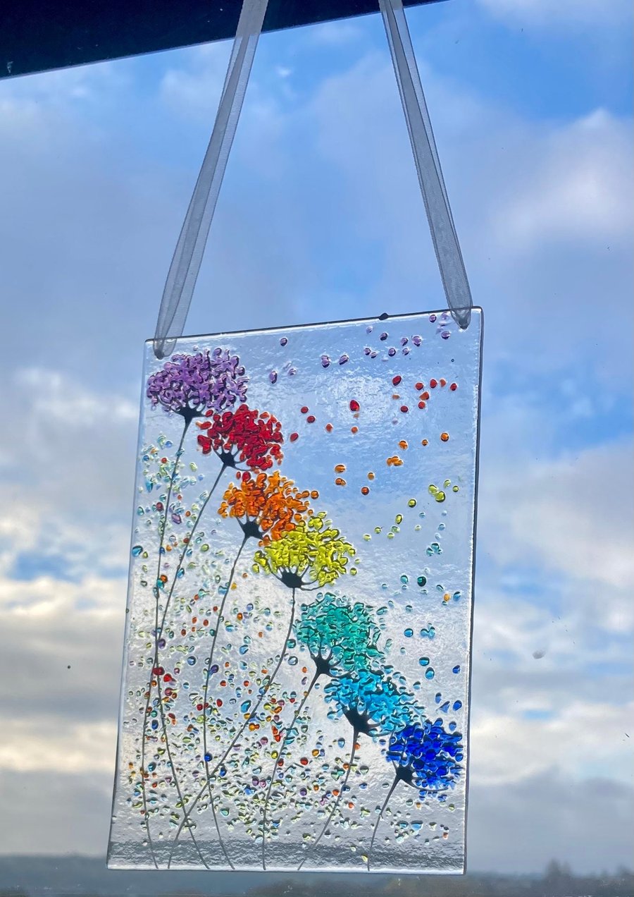 Hanging Whimsical Bright Rainbow Flowers fused glass Art Picture Sun Catcher