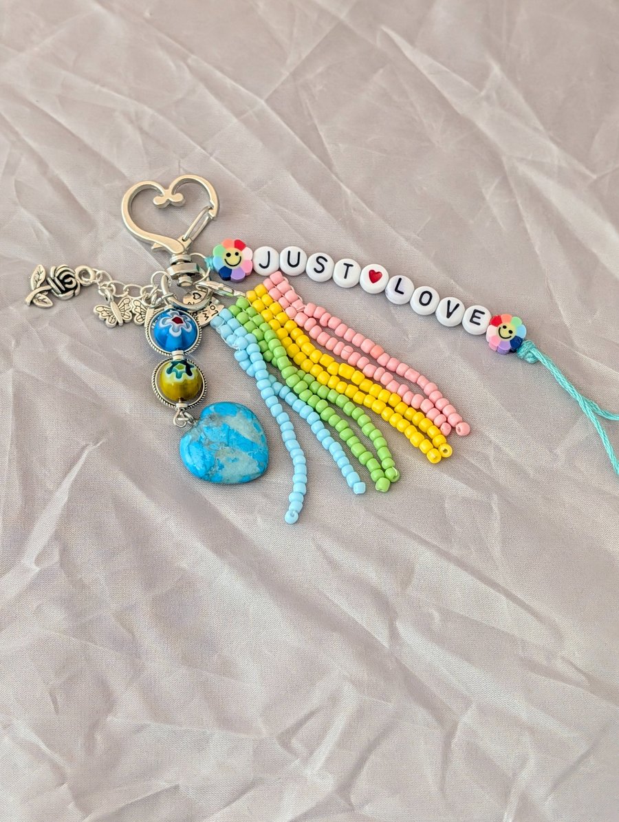 'Just Love' Bag charm, Keyring, Unique gift, recycled jewellery heart