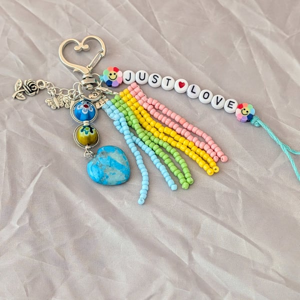 'Just Love' Bag charm, Keyring, Unique gift, recycled jewellery heart