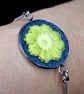 Boho Daisy Bezel Bracelet (Olive Green & White) on Denim with Adjustable Chain - Image 3