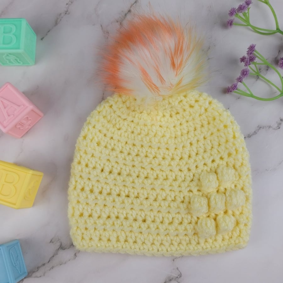 Lemon Yellow Crochet Baby Hat with Rainbow Faux Fur Pom - Newborn to 3 Months 