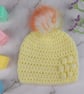Lemon Yellow Crochet Baby Hat with Rainbow Faux Fur Pom - Newborn to 3 Months  - Image 1