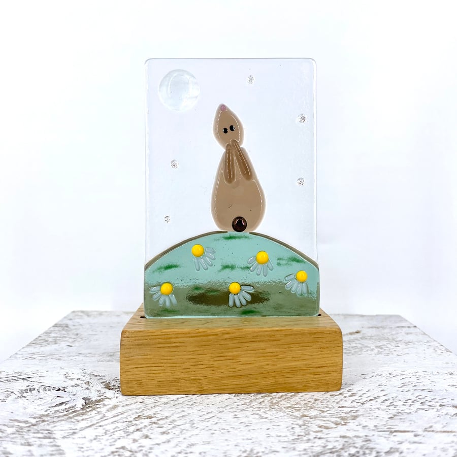 Fused Glass Moon Gazing Hare  in a Handcrafted Oak Tea Light Holder
