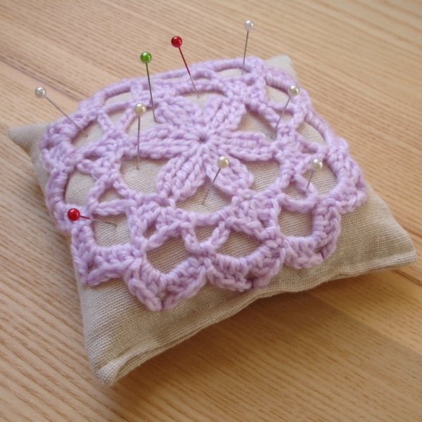 Large Crochet Pin Cushion in Lilac