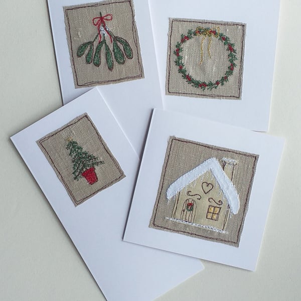 Set of 4 Embroidered Christmas Cards