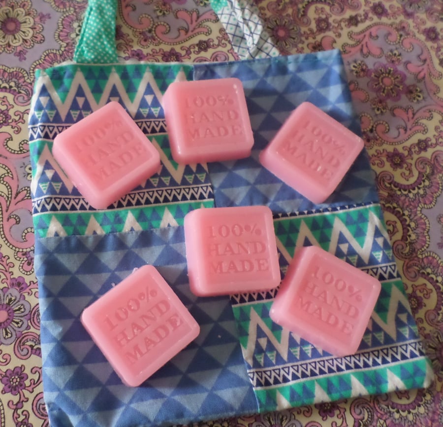 Set Of Six Handcrafted Pink Rosemary Soaps With Pretty Lined Floral Cotton Bag