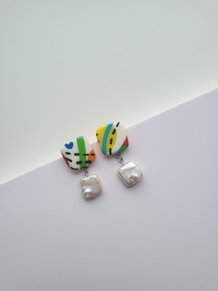 Handmade Polymer Clay Earrings - Abstract Art & Freshwater Pearl Drop Earrings