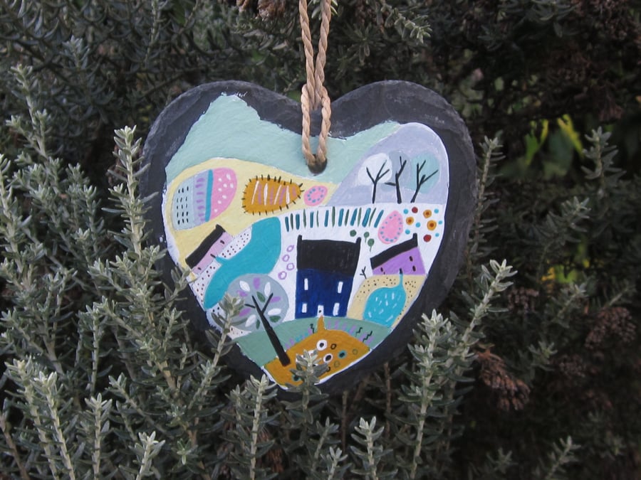 Slate Hanging Heart..Original painting of a landscape