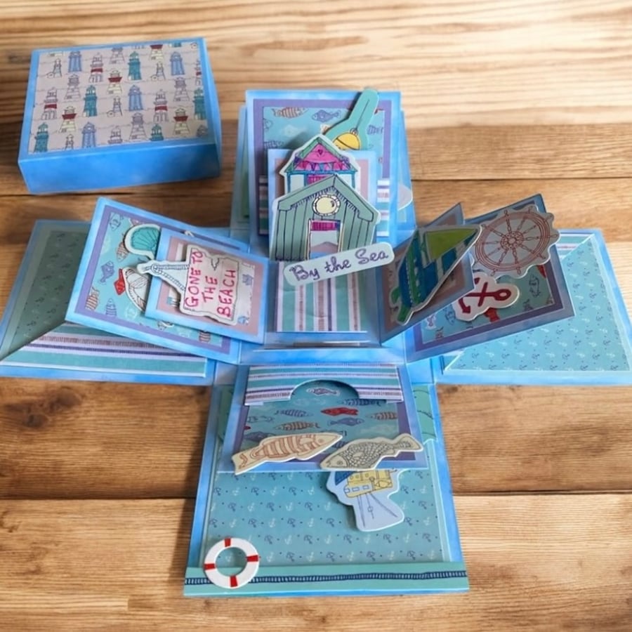 3D Seaside Exploding Box Card. Beach Huts & Boats Pop Up Card. Nautical Card