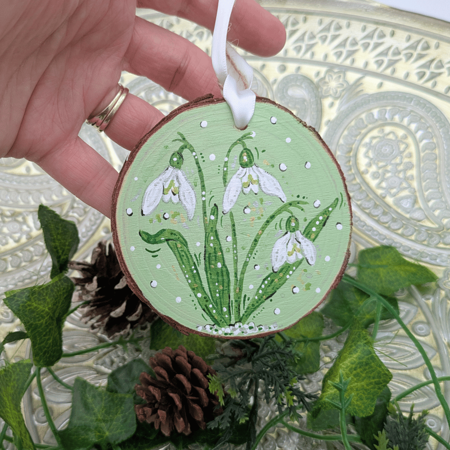 Snowdrop hand-painted log slice Christmas decoration 