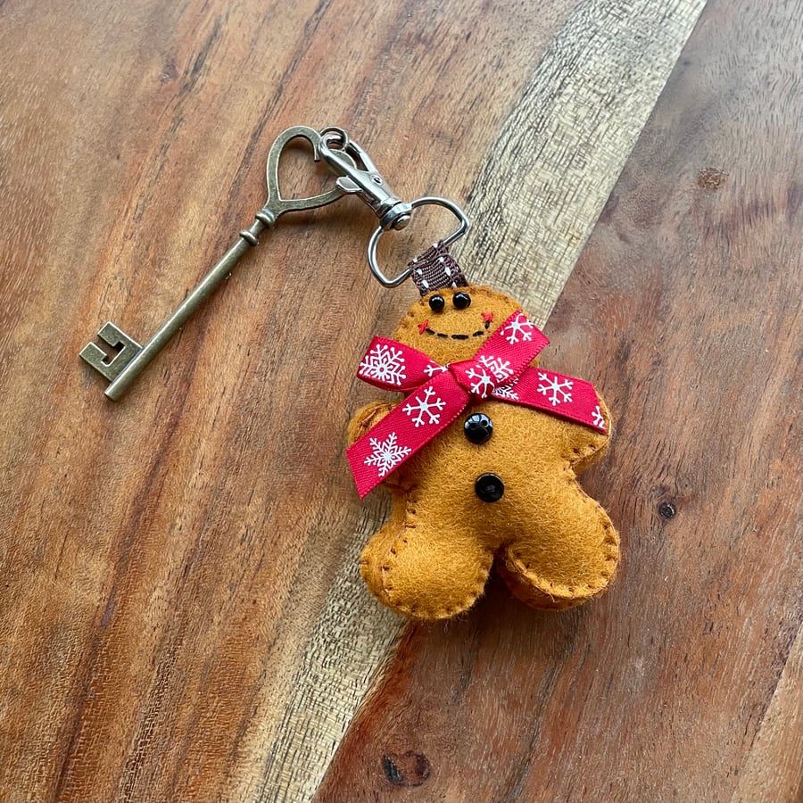Red snowflake ribbon felt gingerbread man keyring
