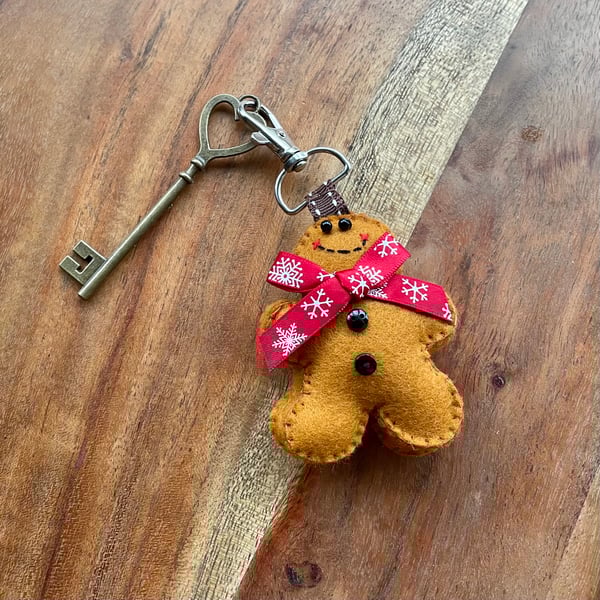 Red snowflake ribbon felt gingerbread man keyring