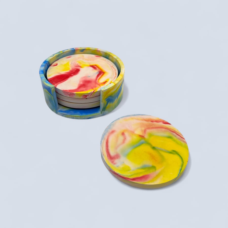 Handmade marbled coaster set of four with holder – colourful round coasters