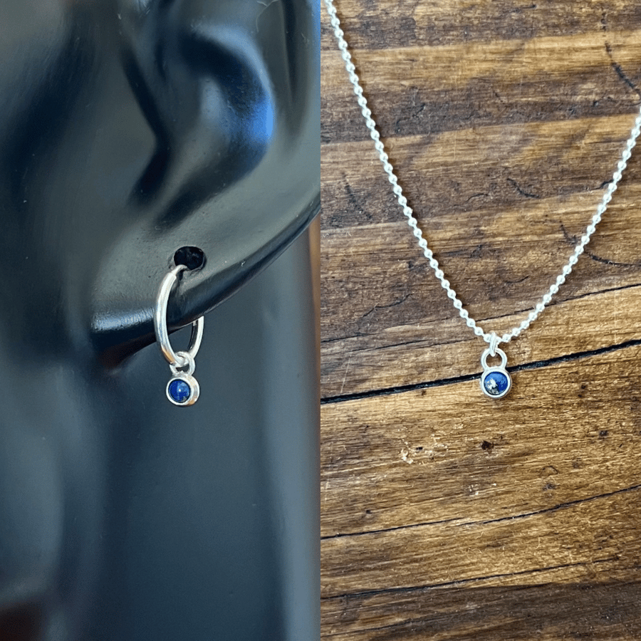 Petite Lapis Lazuli Hoop Earrings & Pendant Set- Handmade, Sterling Silver