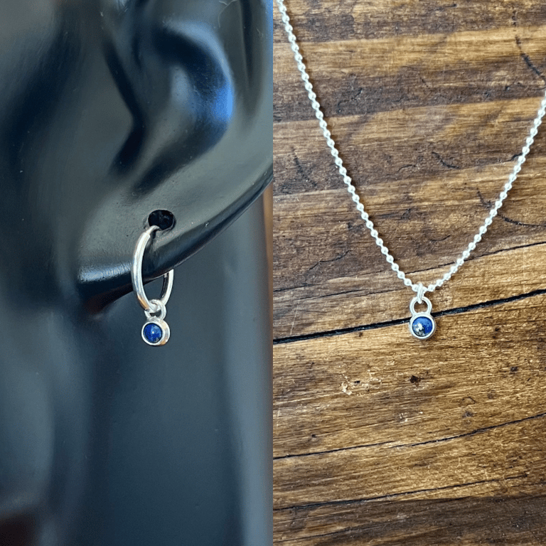 Petite Lapis Lazuli Hoop Earrings & Pendant Set- Handmade, Sterling Silver