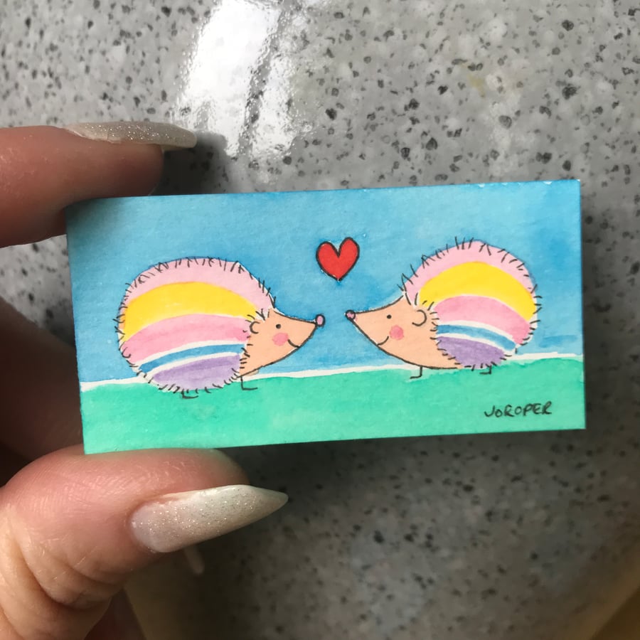 Original MINI Painting by Jo Roper (D) Rainbow Hedgehogs 