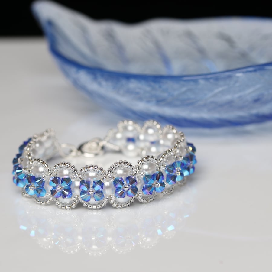 White Pearl and Sparkly Sapphire Blue Crystal Bracelet