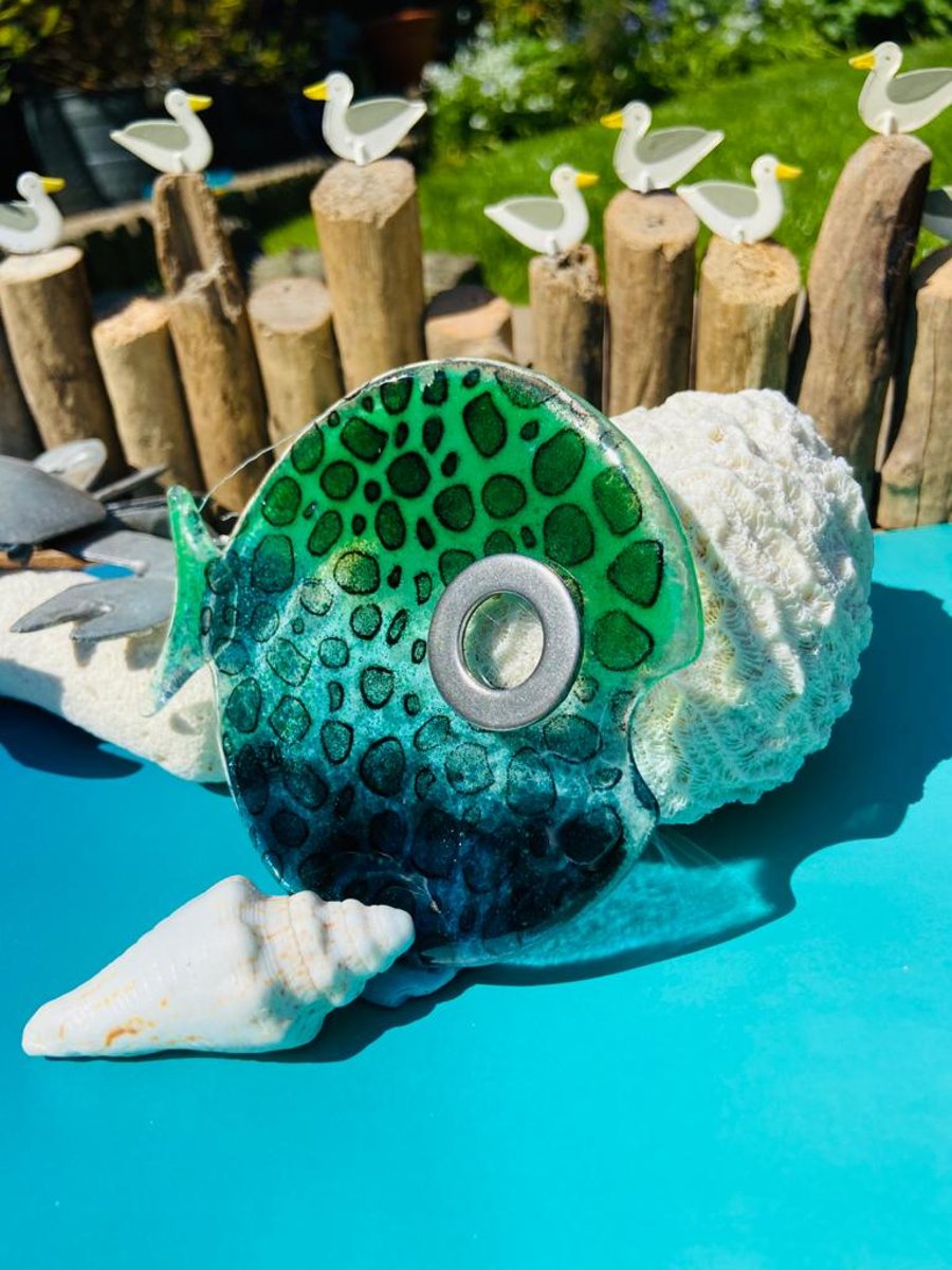 Large handmade fused glass big eye funky spotted  fish