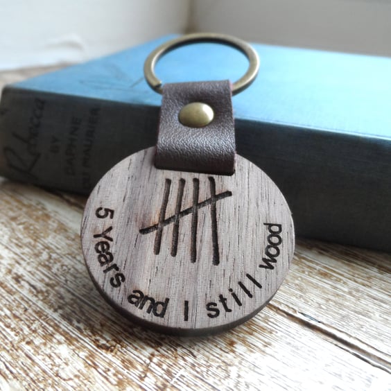 5th Wedding Anniversary Gift Engraved Wooden Keyring for Husband Wife Him Her