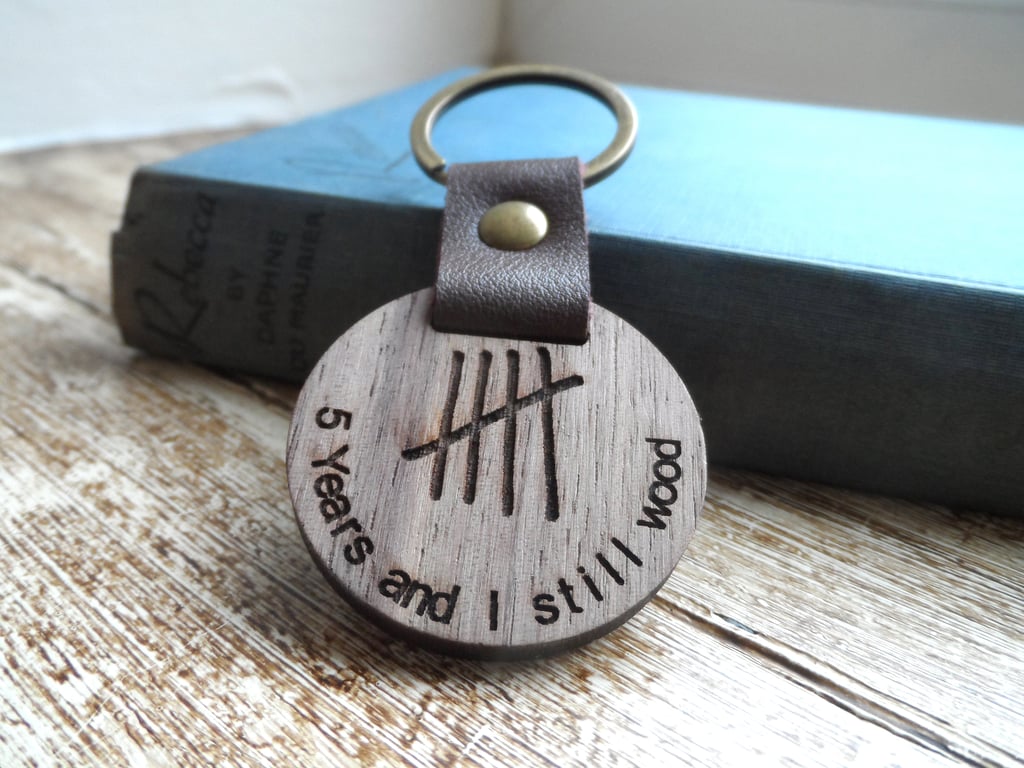 5th Wedding Anniversary Gift Engraved Wooden Keyring for Husband Wife Him Her