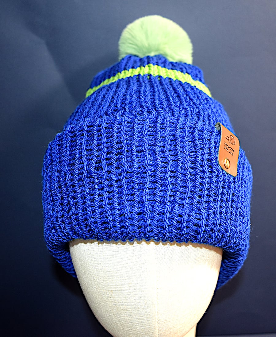 Handcrafted Hat with Faux Rabbit Fur Pompom Royal Blue & Green Stripe Coloured