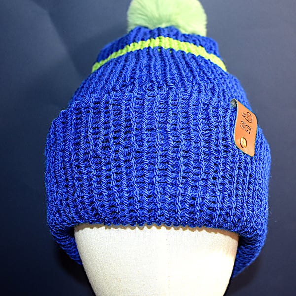 Handcrafted Hat Seconds. Faux Rabbit Fur Pom Royal Blue & Green Stripe Coloured