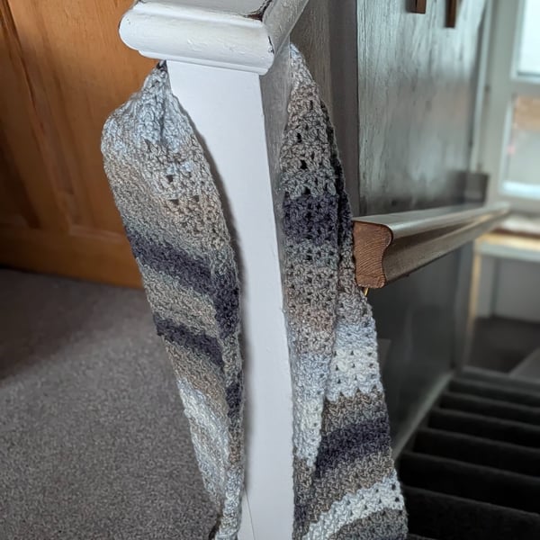 Chunky Crochet Trellis Scarf White, Grey, Blue, Brown