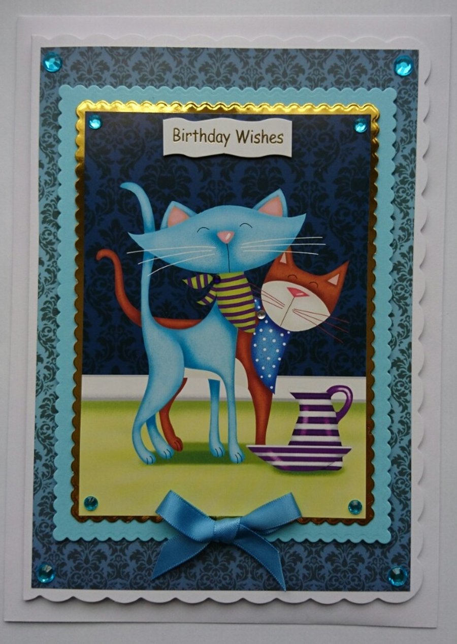 Cat Birthday Card Wishes Cute Cats Wearing Handkerchiefs Milk 3D Luxury Handmade