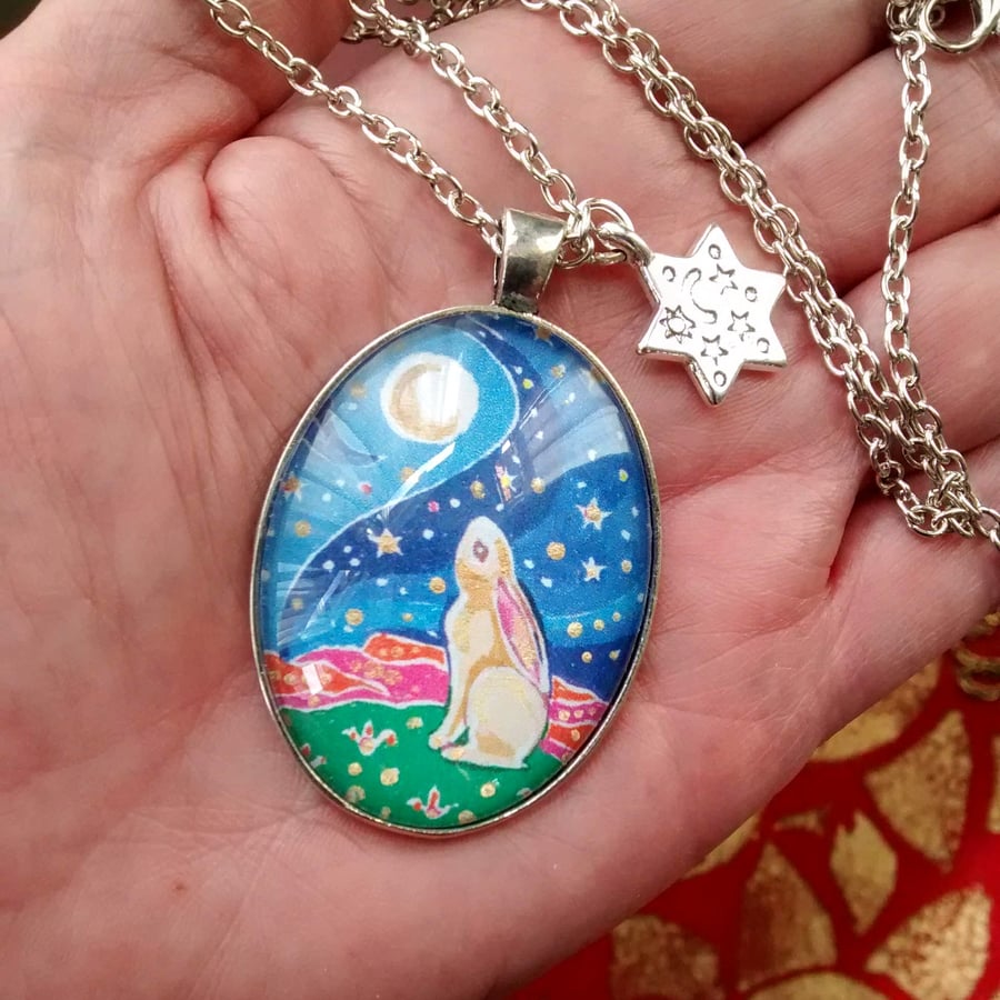 Sale! Moon Gazing Hare Silver Pendant Necklace with Star Charm