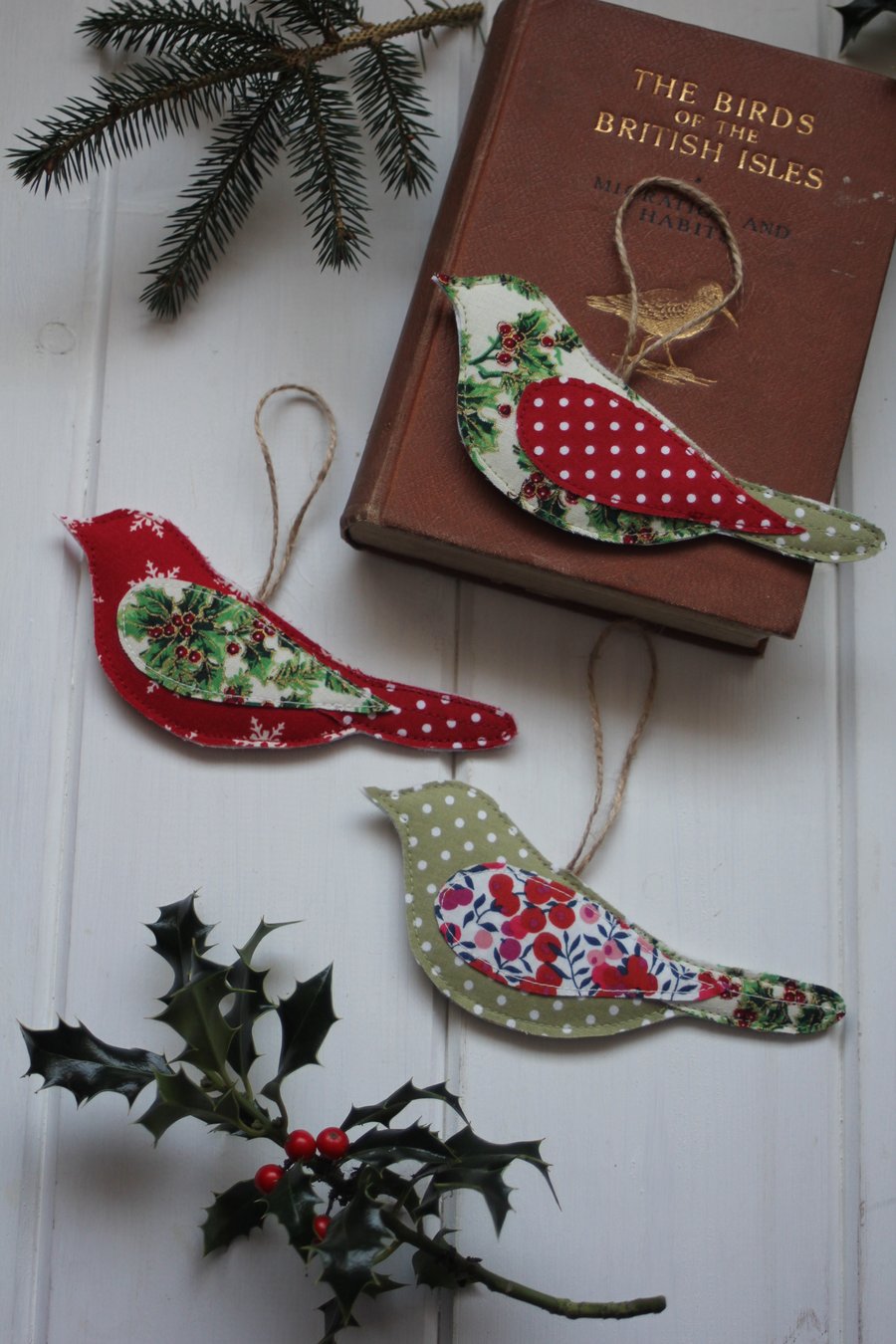 Festive 'Holly Berries' fabric hanging bird trio decorations