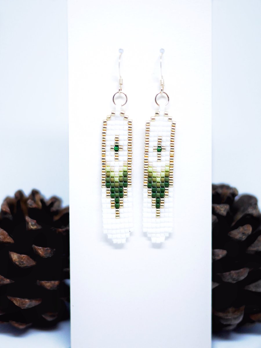 Native American Style Beaded Earrings in Green with Gold-Filled Wires