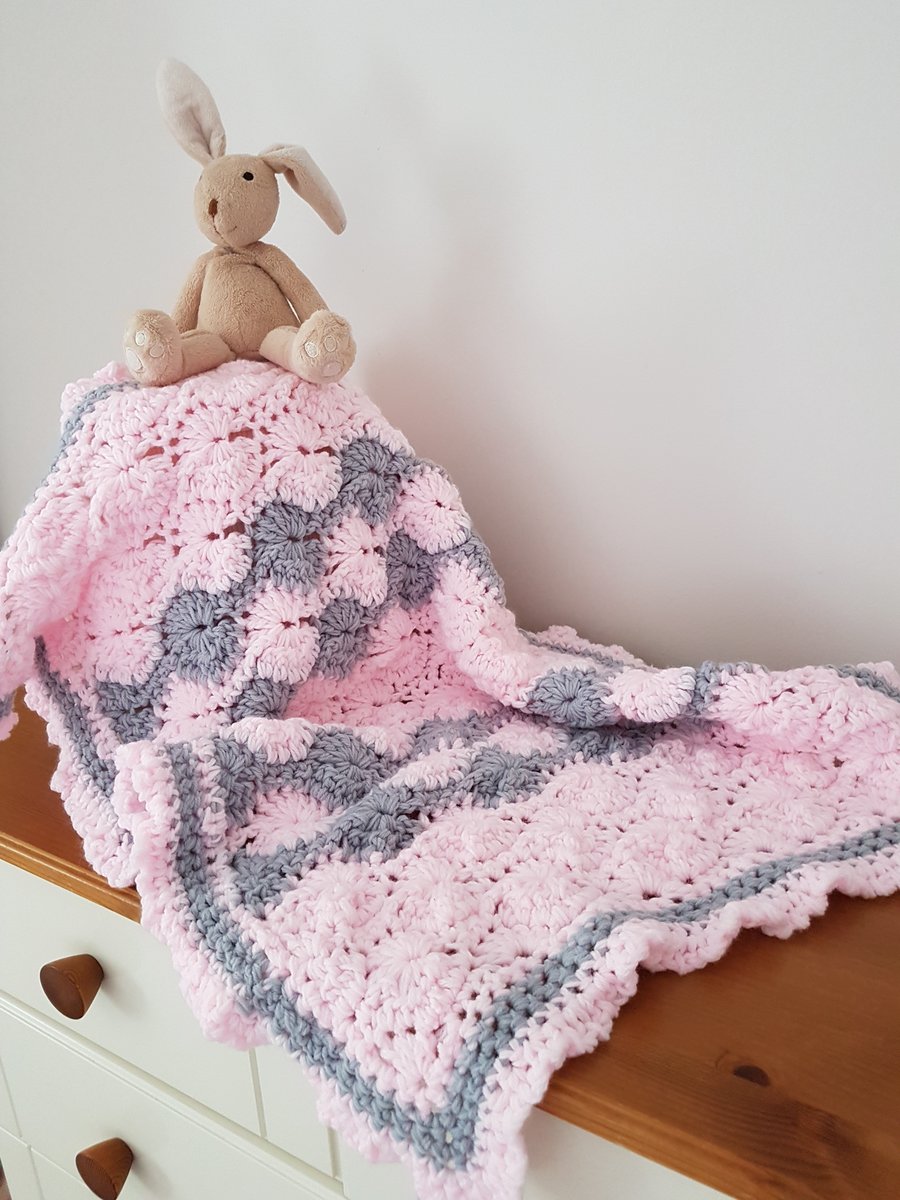 Pink and Grey Crocheted Baby Blanket