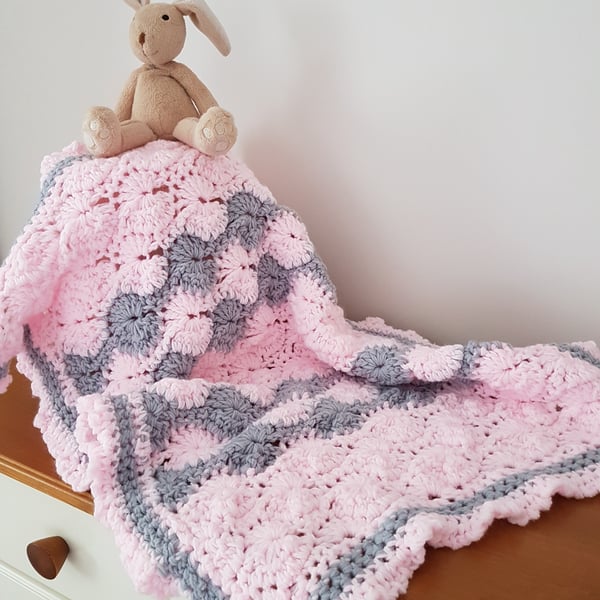 Pink and Grey Crocheted Baby Blanket