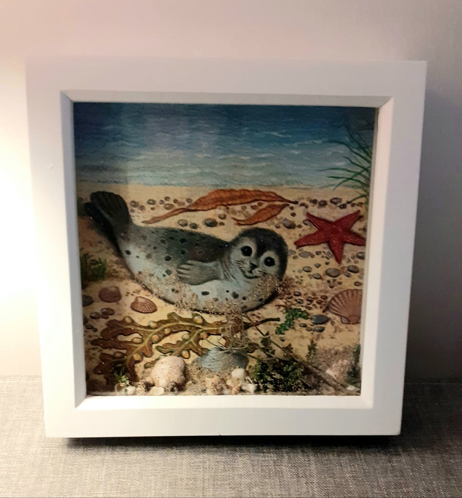 "Baby seal "decoupaged and embellished illustration