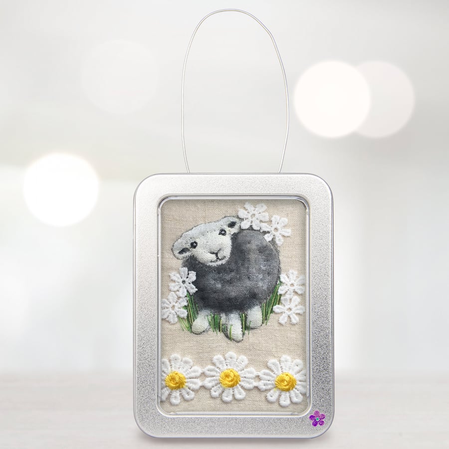 Sheep, fabric sheep picture, framed in a tin