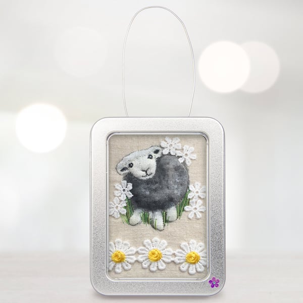 Sheep, fabric sheep picture, framed in a tin