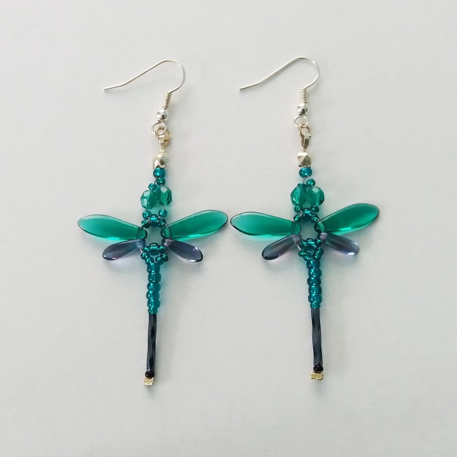 Beaded Dragonflies Earrings – Teal or Aqua and Purple