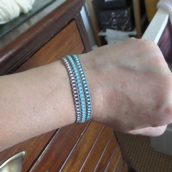 Triple Wrap Aqua and Grey Bracelet, Contemporary Ladder Bracelet