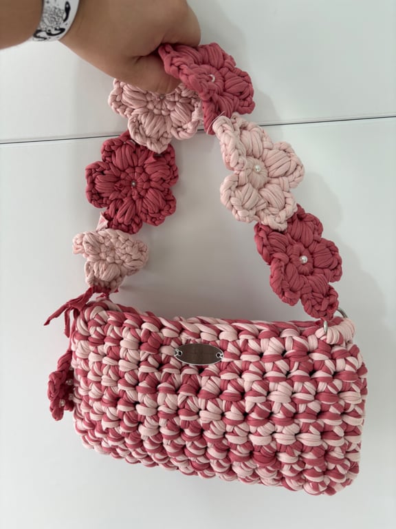 Handmade Crochet Shoulder Bag - Two Toned Pink - Floral Flower Strap 