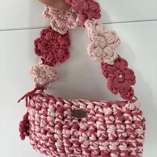 Handmade Crochet Shoulder Bag - Two Toned Pink - Floral Flower Strap 