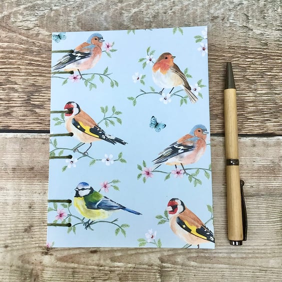 A6 Journal Notebook covered with Garden Birds Paper