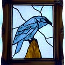 Stained glass raven in vintage frame 