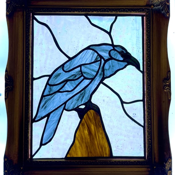Stained glass raven in vintage frame 