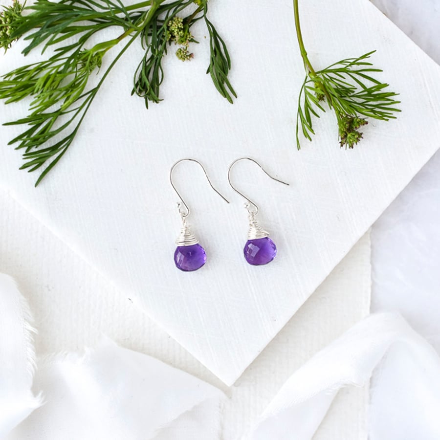 Gorgeous Purple Amethyst Sterling Silver wrapped Briolette Earrings